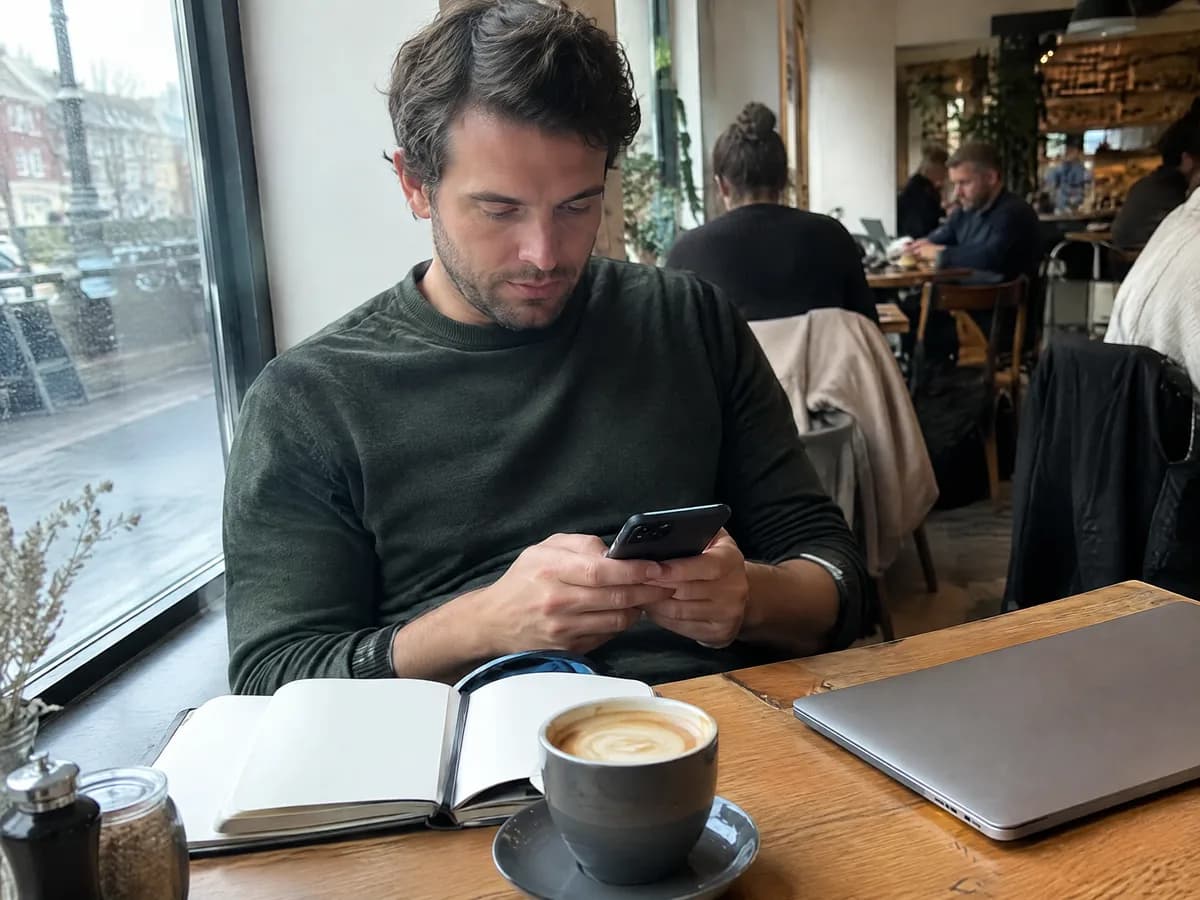 A nutrition consultant replying to a message at a cafe table