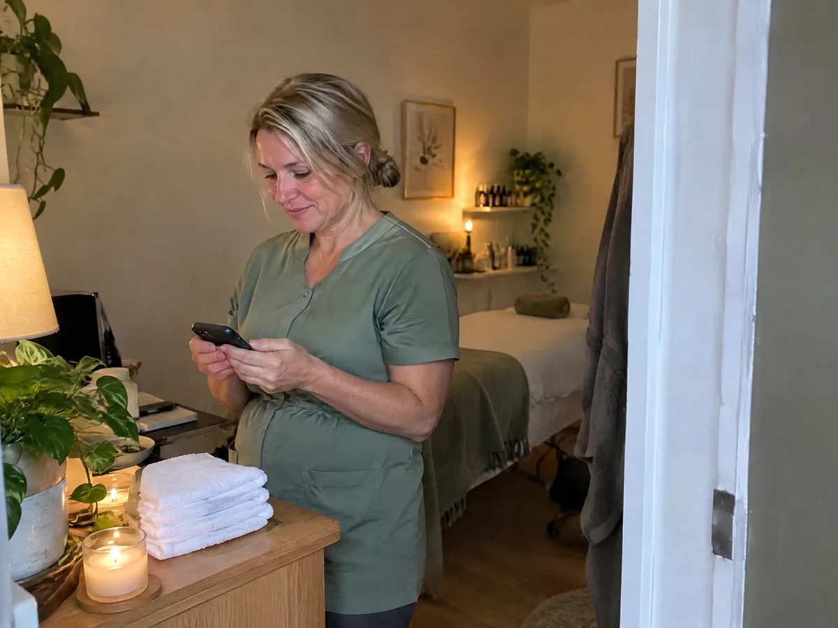 A beauty therapist reading a message at her studio’s front desk