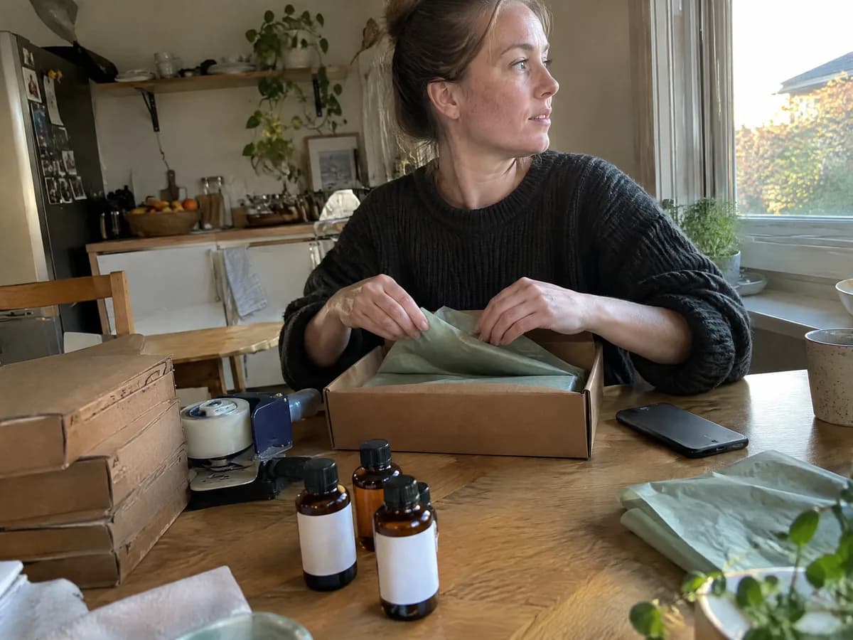 A small business owner packing an order at her kitchen table