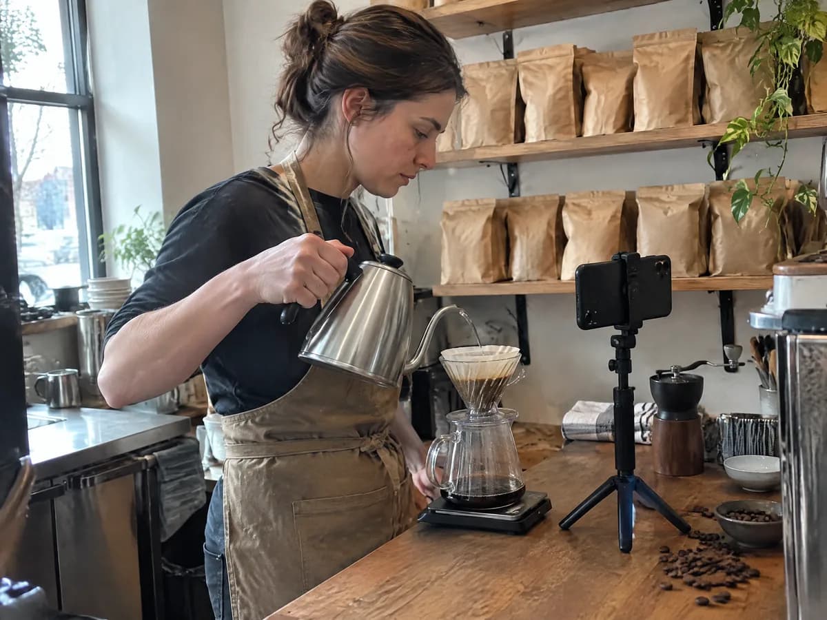A coffee roaster filming a pour-over demo at her shop counter